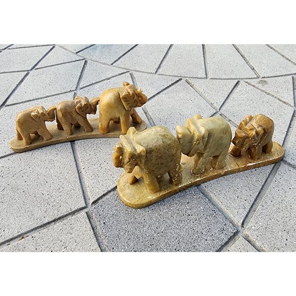 Two Soapstone Hand Carved Triple Elephant Bridge Sculptures - Picture 8 of 8